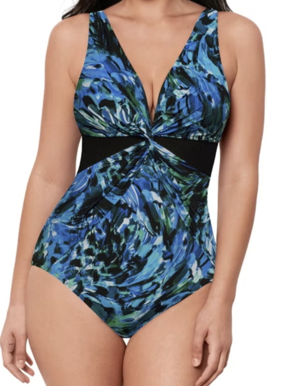 Adonna Blue & Black Twist-Front V-Neck One-Piece Swimsuit